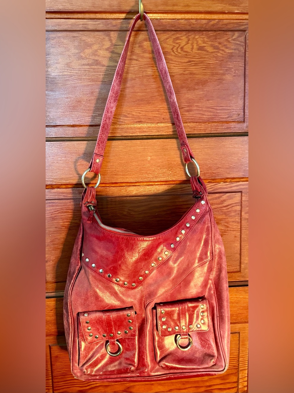 Iris Tyler Studded Burgundy Leather Shoulder Hobo Bag Purse Handbag